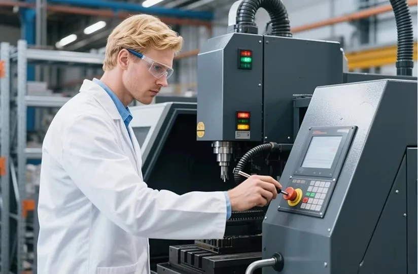 CNC-Fachkraft bei der Einrichtung einer Präzisionsanlage für kundenspezifische Magnetkomponenten